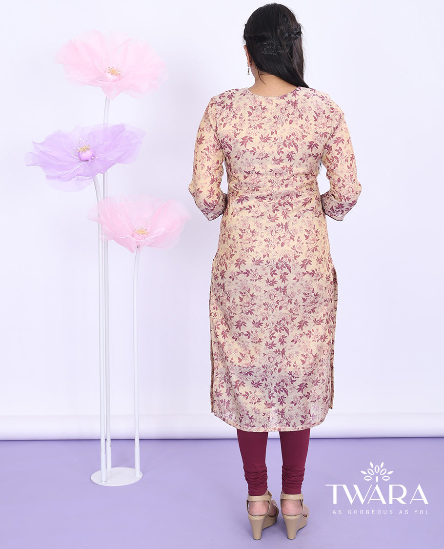 Twara gold floral-printed round neck with 3/4th sleeve tissue straight-cut below-knee kurti