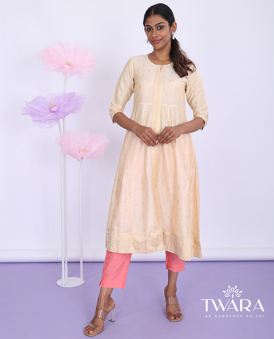Twara sandal unique butta glitter printed round neck with 3/4th sleeve silk cotton a-line below-knee kurti