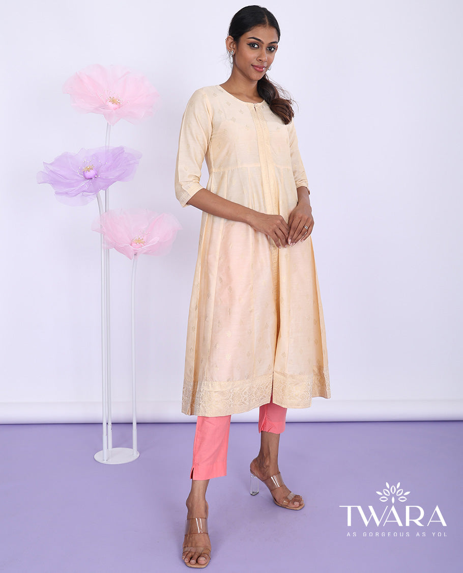 Twara sandal unique butta glitter printed round neck with 3/4th sleeve silk cotton a-line below-knee kurti