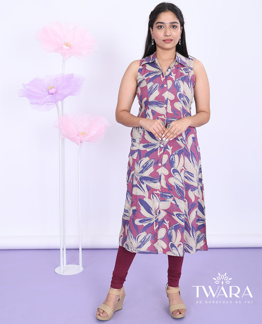 Twara purple floral printed regular collar with sleeveless cotton a-line below-knee kurti