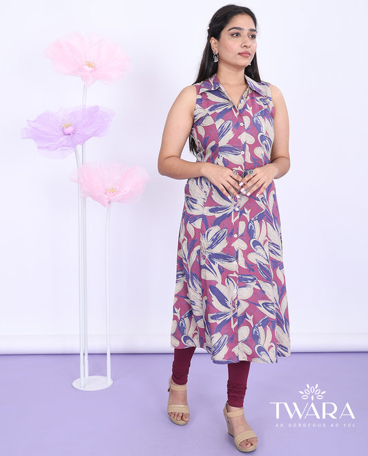 Twara purple floral printed regular collar with sleeveless cotton a-line below-knee kurti
