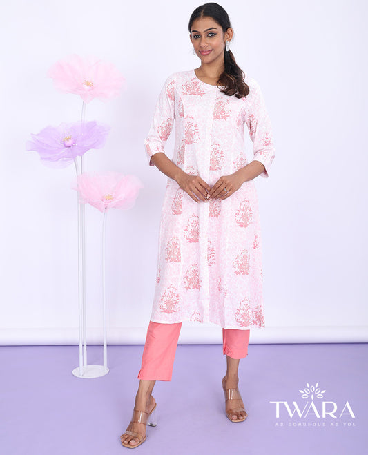 Twara pink floral printed round neck with 3/4th sleeve cotton a-line below-knee kurti