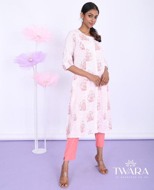 Twara pink floral printed round neck with 3/4th sleeve cotton a-line below-knee kurti