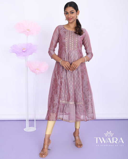 Twara purple floral glitter printed & embroidered round neck with 3/4th sleeve tissue a-line below-knee kurti