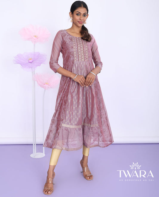 Twara purple floral glitter printed & embroidered round neck with 3/4th sleeve tissue a-line below-knee kurti