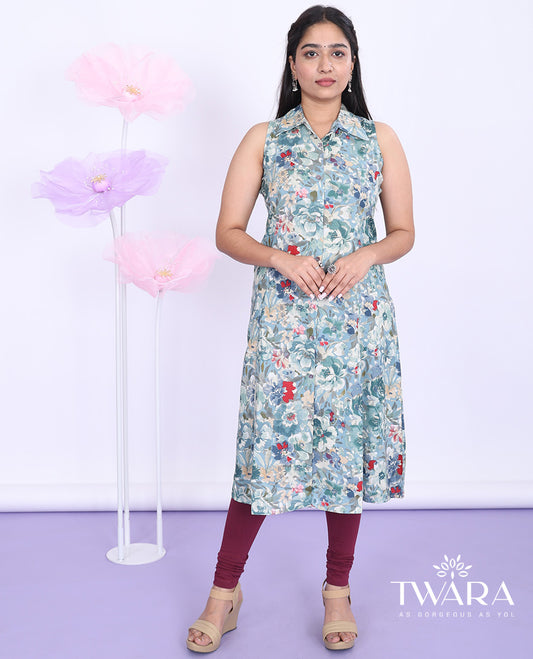 Twara multi-color floral printed regular collar with sleeveless cotton a-line below-knee kurti