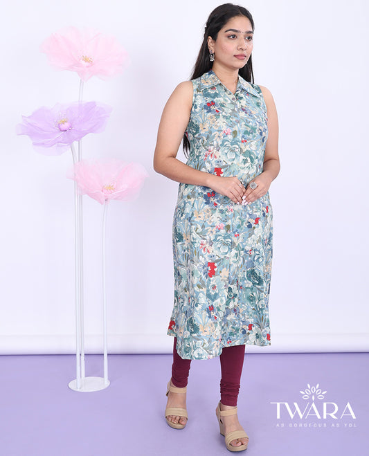 Twara multi-color floral printed regular collar with sleeveless cotton a-line below-knee kurti