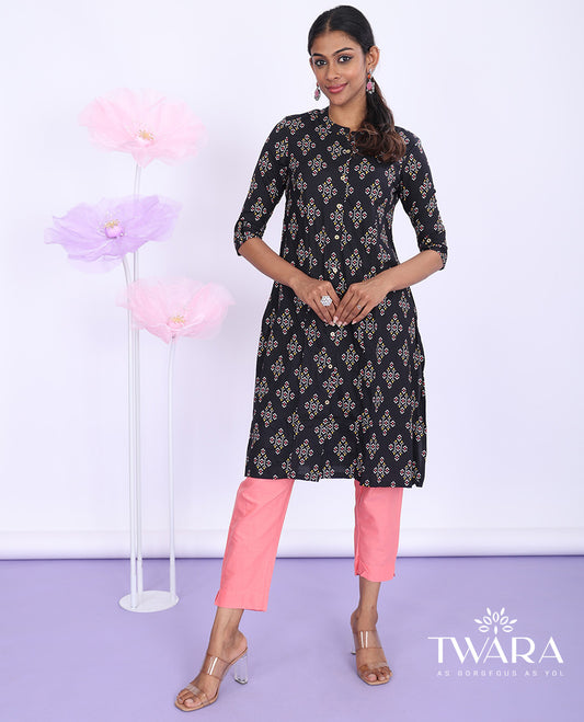 Twara black unique motifs printed Chinese collar with 3/4th sleeve rayon straight-cut knee-length kurti