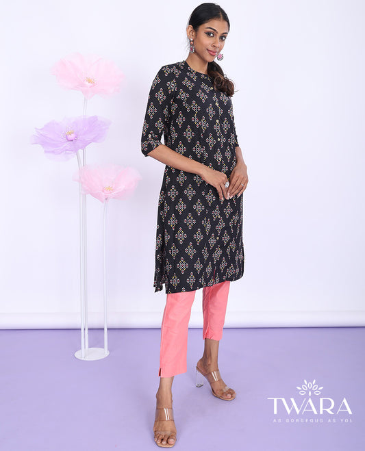 Twara black unique motifs printed Chinese collar with 3/4th sleeve rayon straight-cut knee-length kurti
