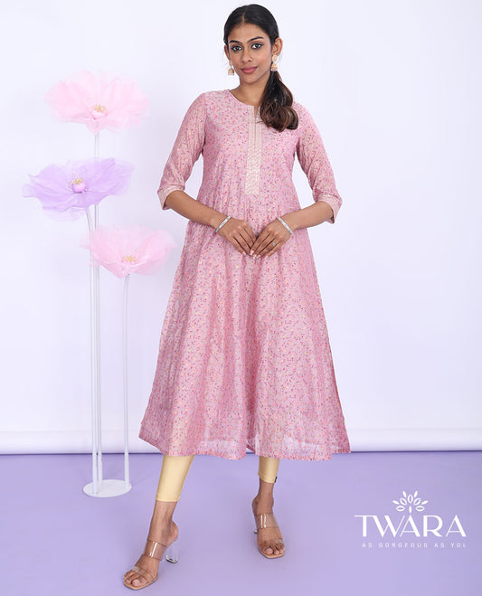 Twara pink floral print, glitter work & embroidered round neck 3/4th sleeve tissue a-line below-knee kurti