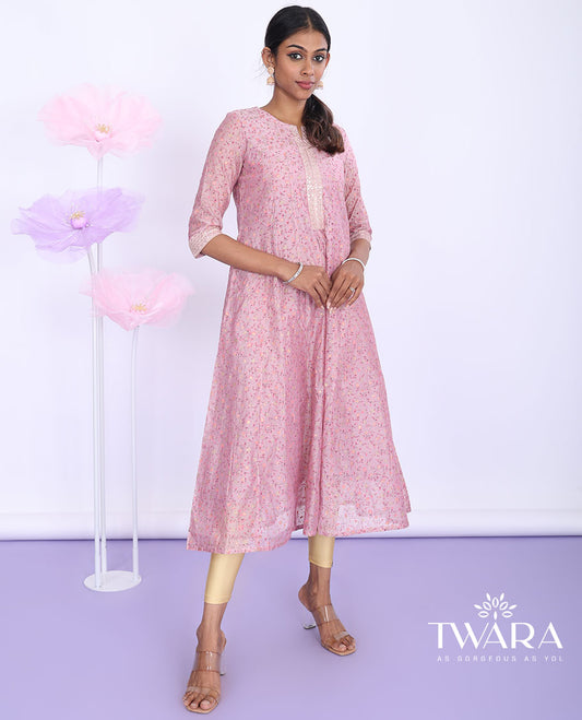 Twara pink floral print, glitter work & embroidered round neck 3/4th sleeve tissue a-line below-knee kurti