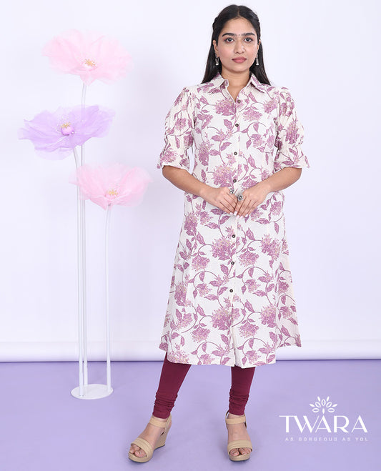Twara cream floral vine printed regular collar with elbow puff-sleeve cotton a-line below-knee kurti