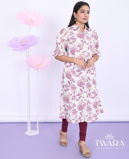 Twara cream floral vine printed regular collar with elbow puff-sleeve cotton a-line below-knee kurti