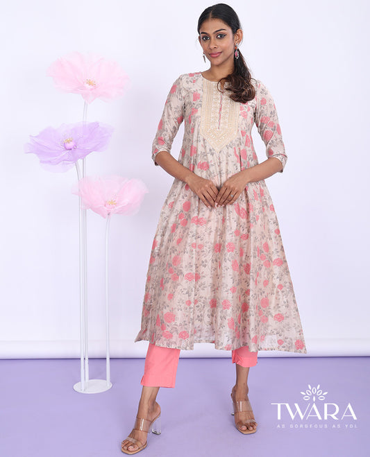 Twara brown floral vine printed & embroidered round neck with 3/4th sleeve tissue a-line below-knee kurti