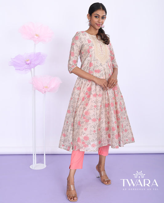 Twara brown floral vine printed & embroidered round neck with 3/4th sleeve tissue a-line below-knee kurti