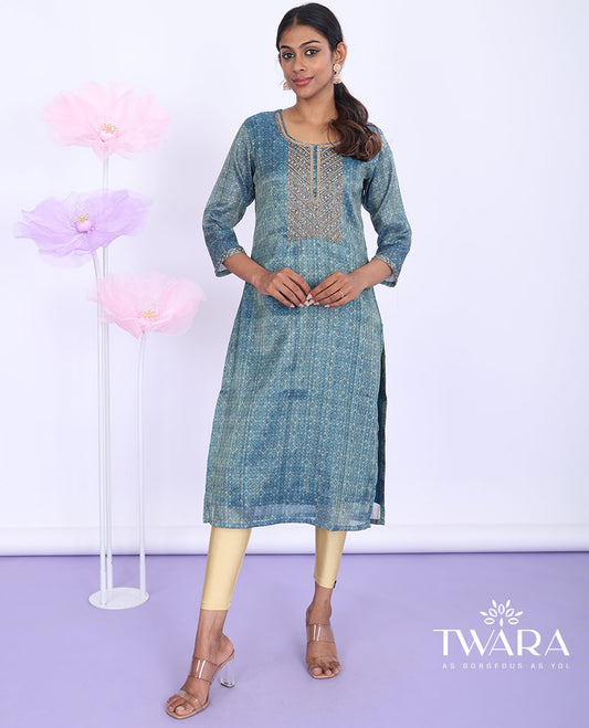 Twara blue intricately printed & embroidered round neck with 3/4th sleeve tissue straight-cut below-knee kurti