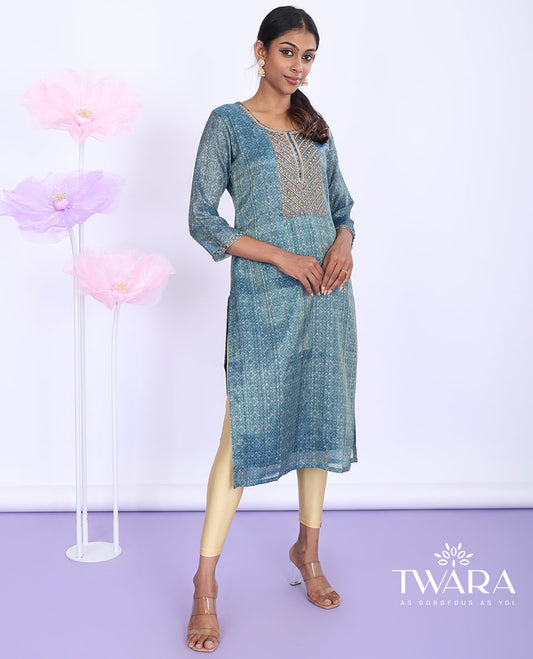 Twara blue intricately printed & embroidered round neck with 3/4th sleeve tissue straight-cut below-knee kurti