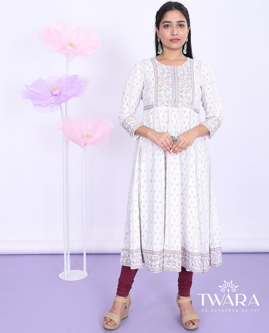 Twara cream unique motifs printed round neck with 3/4th sleeve cotton straight-cut below-knee kurti