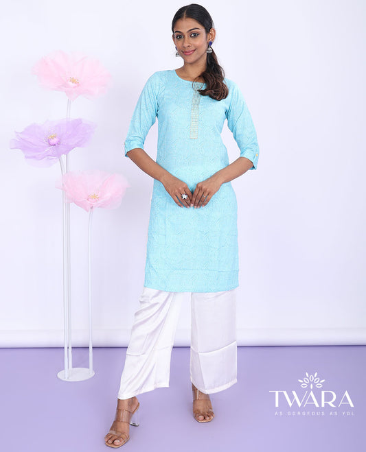 Twara blue intricately printed round neck 3/4th sleeve rayon straight-cut above-knee kurti