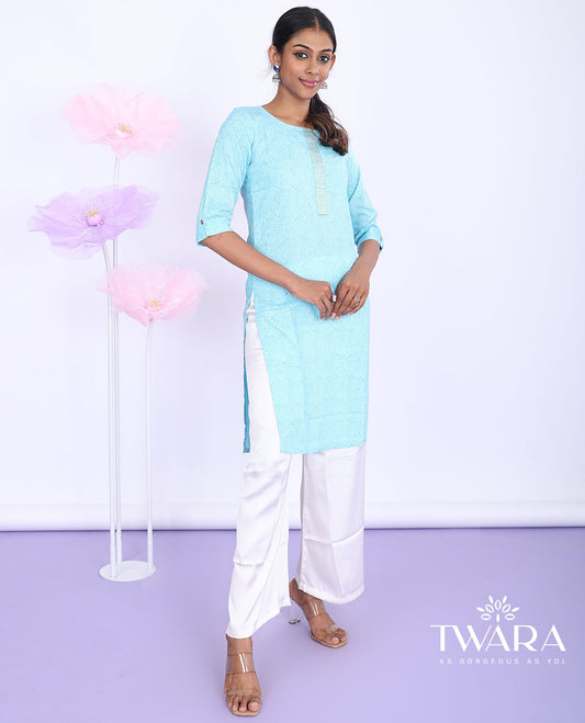 Twara blue intricately printed round neck 3/4th sleeve rayon straight-cut above-knee kurti