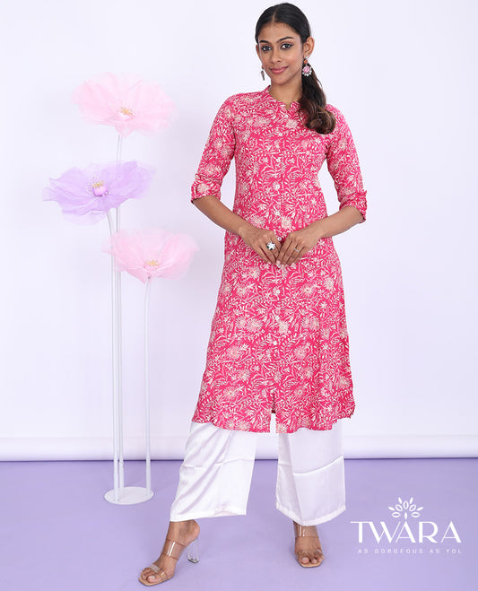 Twara pink floral vine printed Chinese collar with 3/4th sleeve rayon a-line knee-length kurti