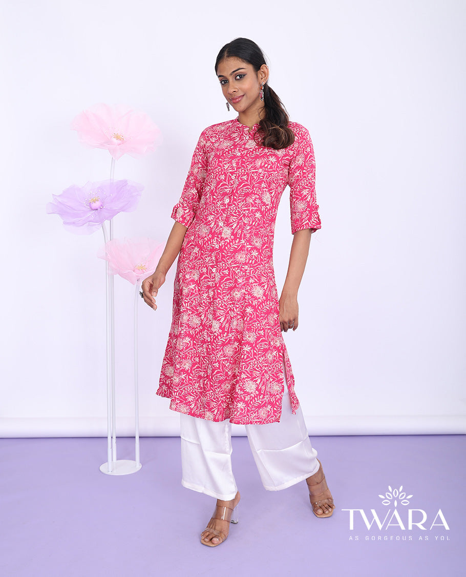 Twara pink floral vine printed Chinese collar with 3/4th sleeve rayon a-line knee-length kurti