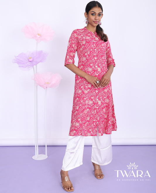 Twara pink floral vine printed Chinese collar with 3/4th sleeve rayon a-line knee-length kurti