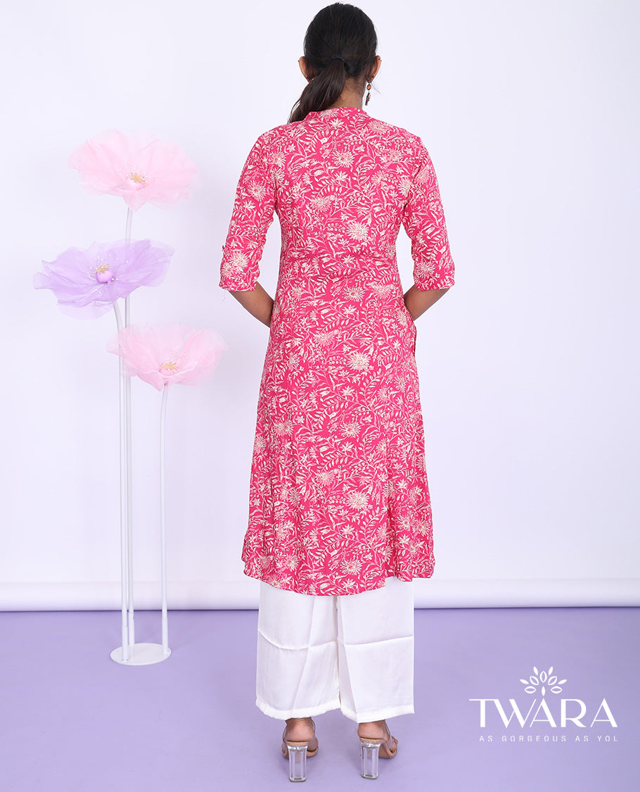 Twara pink floral vine printed Chinese collar with 3/4th sleeve rayon a-line knee-length kurti