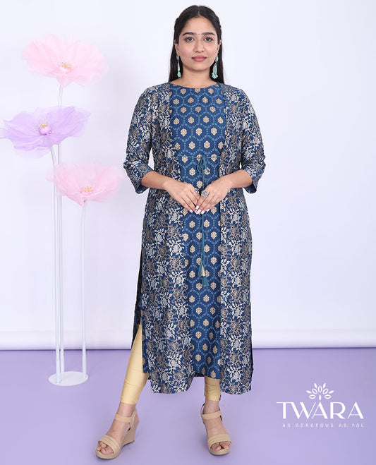 Twara blue ogee glitter print boat-neck muslin straight-cut kurti with 3/4th sleeve floral glitter print tie-up shrug