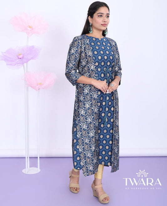 Twara blue ogee glitter print boat-neck muslin straight-cut kurti with 3/4th sleeve floral glitter print tie-up shrug