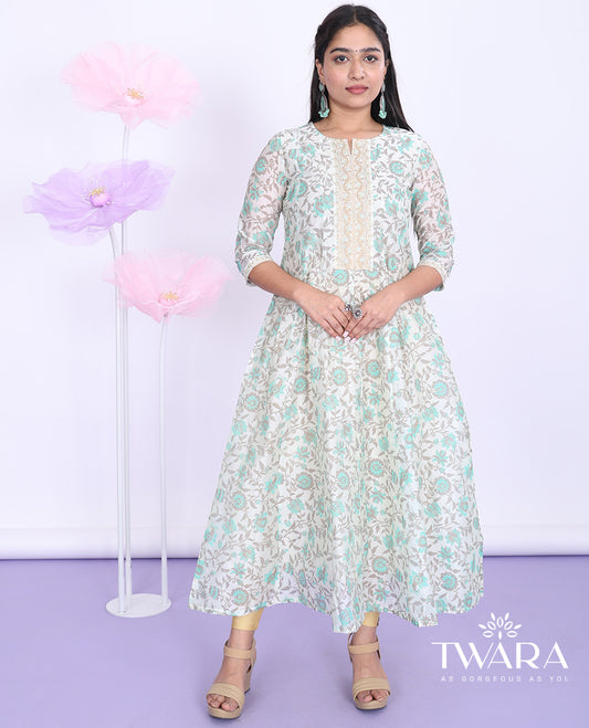 Twara cream floral vine & embroidered round neck with 3/4th sleeve tissue a-line full-length kurti