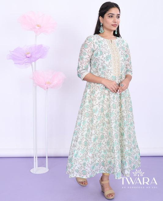 Twara cream floral vine & embroidered round neck with 3/4th sleeve tissue a-line full-length kurti