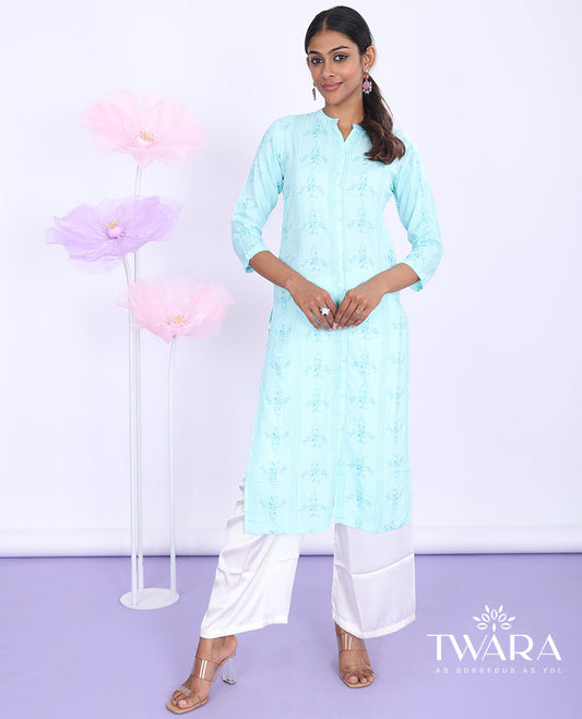 Twara blue unique motifs printed Chinese collar with 3/4th sleeve rayon straight-cut below-knee kurti