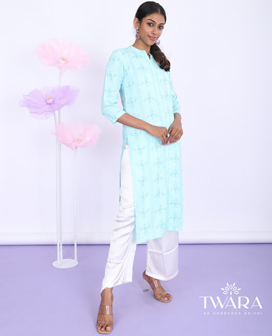 Twara blue unique motifs printed Chinese collar with 3/4th sleeve rayon straight-cut below-knee kurti