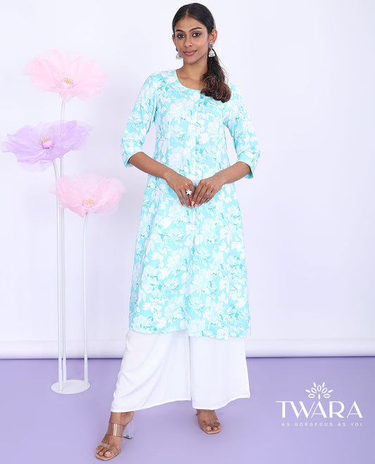 Twara blue floral printed round neck with 3/4th sleeve a-line cotton below-knee kurti