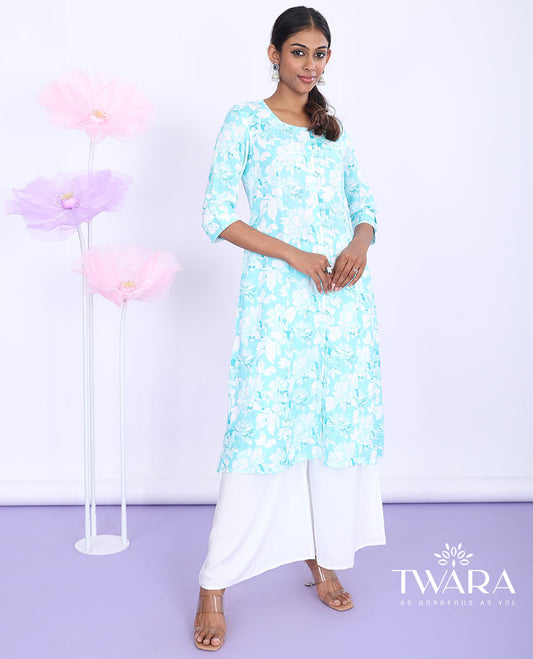 Twara blue floral printed round neck with 3/4th sleeve a-line cotton below-knee kurti