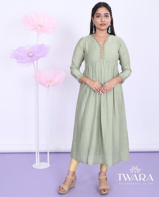 Twara green embroidered alia-neck with 3/4th sleeve muslin a-line calf-length kurti