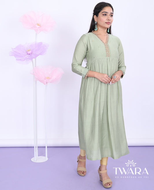 Twara green embroidered alia-neck with 3/4th sleeve muslin a-line calf-length kurti