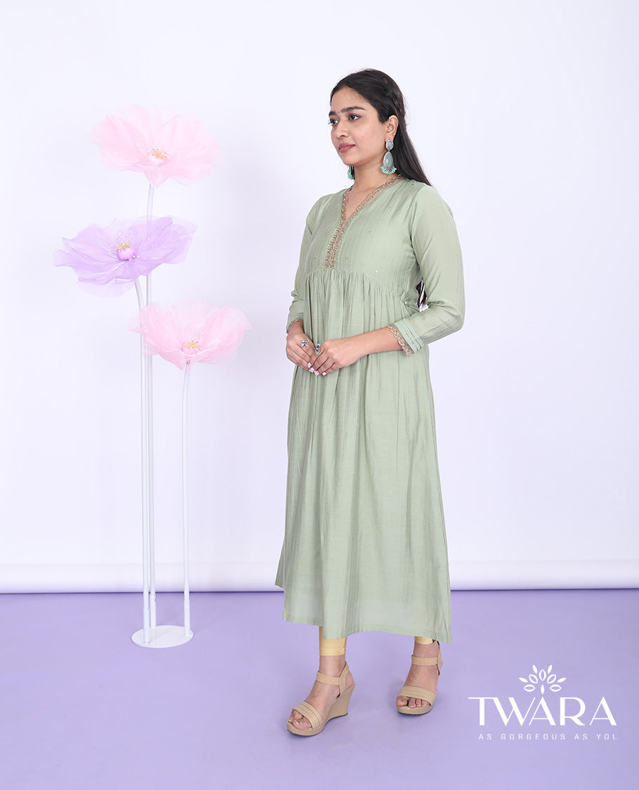 Twara green embroidered alia-neck with 3/4th sleeve muslin a-line calf-length kurti