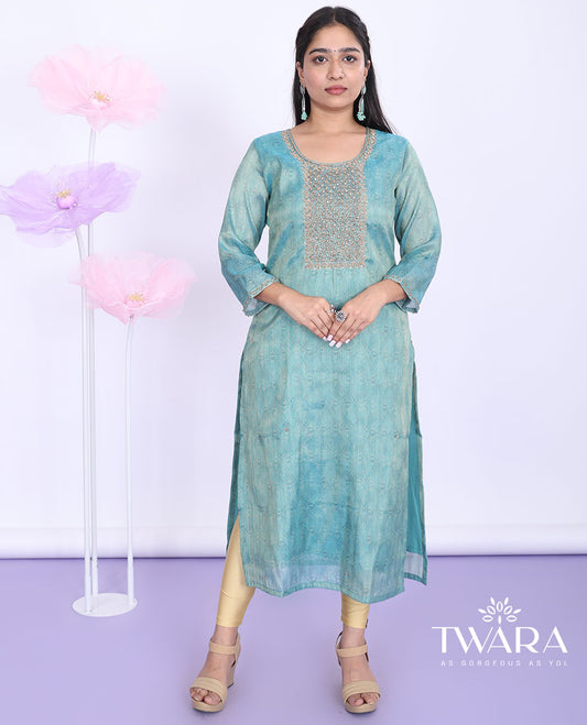 Twara blue intricately print & neck embroidered round neck with 3/4th sleeve tissue straight-cut calf-length kurti