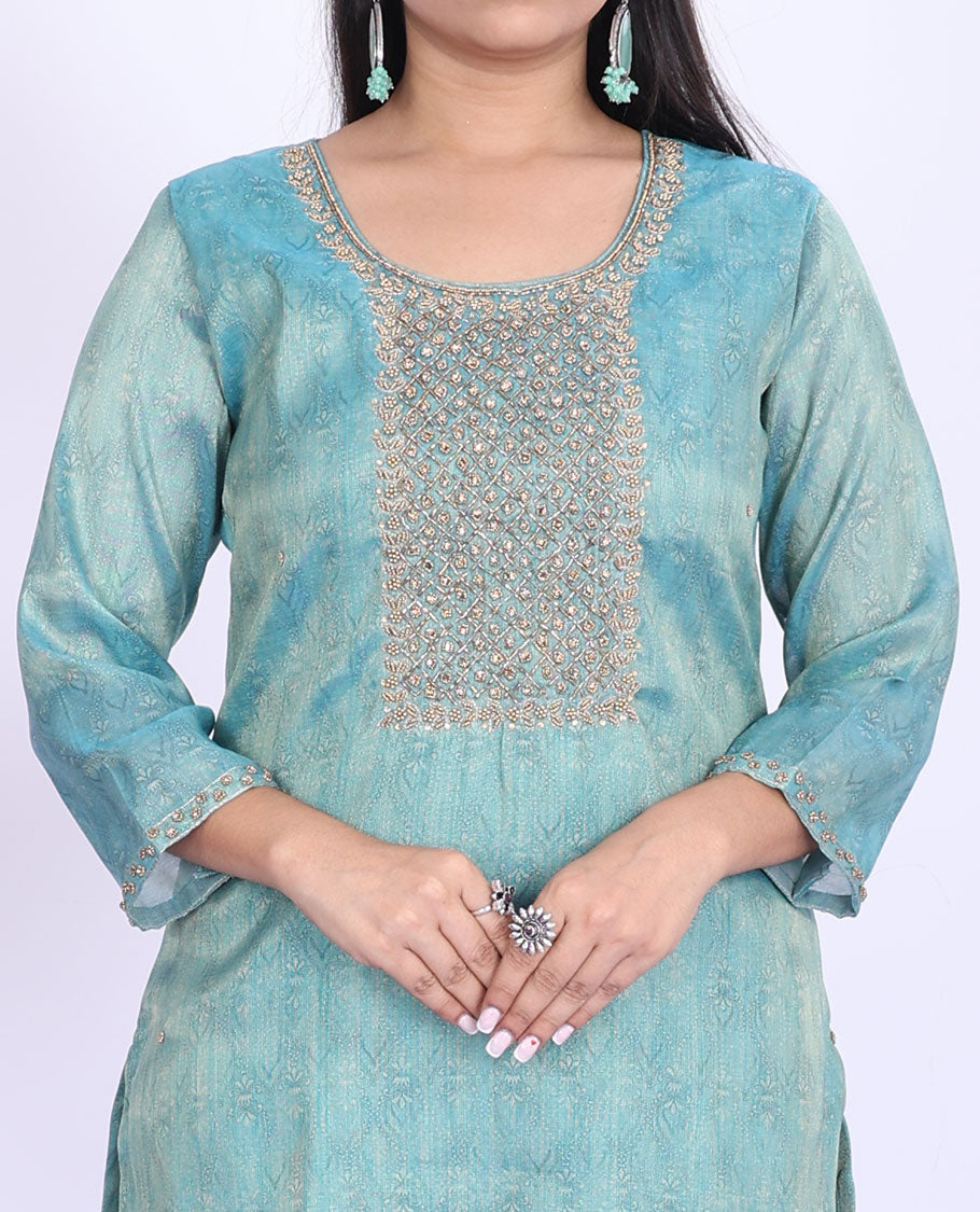 Twara blue intricately print & neck embroidered round neck with 3/4th sleeve tissue straight-cut calf-length kurti