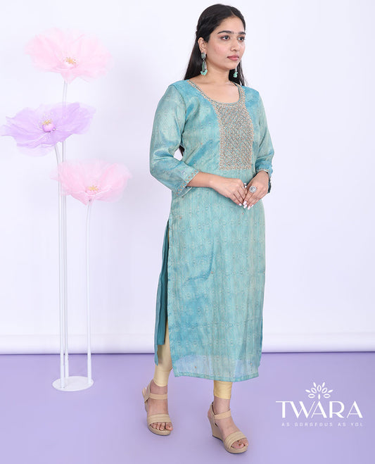 Twara blue intricately print & neck embroidered round neck with 3/4th sleeve tissue straight-cut calf-length kurti