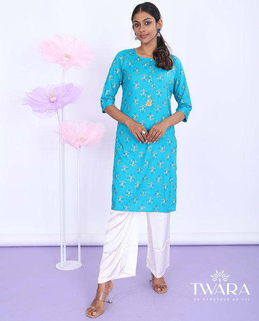 Twara blue unique motifs printed round neck with 3/4th sleeve rayon straight-cut knee length kurti