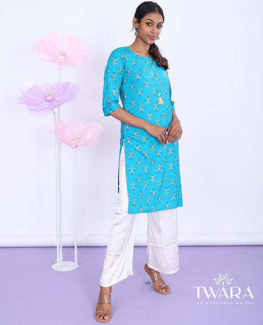 Twara blue unique motifs printed round neck with 3/4th sleeve rayon straight-cut knee length kurti