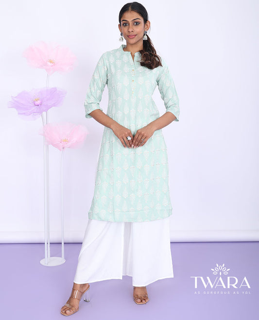 Twara green unique motifs printed Chinese collar with 3/4th sleeve rayon straight-cut knee-length kurti