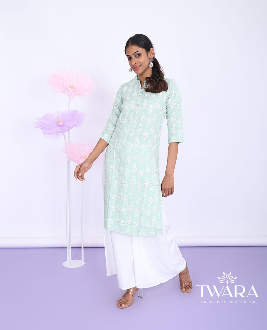 Twara green unique motifs printed Chinese collar with 3/4th sleeve rayon straight-cut knee-length kurti