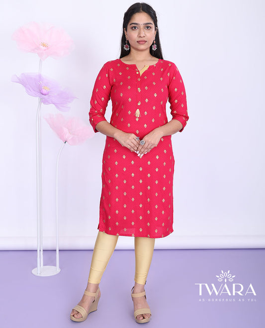 Twara red unique motifs printed round neck with 3/4th sleeve rayon straight-cut below-knee kurti