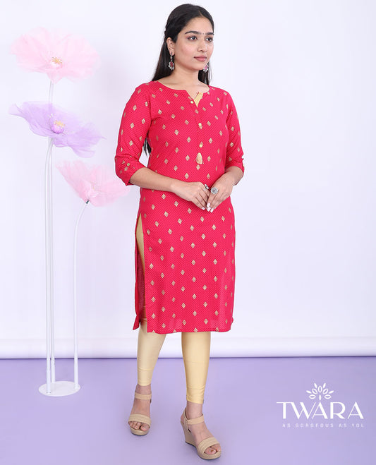 Twara red unique motifs printed round neck with 3/4th sleeve rayon straight-cut below-knee kurti