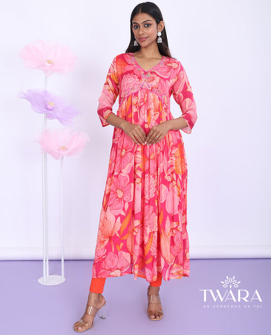 Twara pink floral printed & embroidered Alia-cut with 3/4th sleeve a-line calf-length kurti
