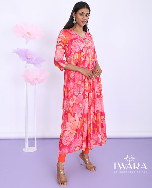 Twara pink floral printed & embroidered Alia-cut with 3/4th sleeve a-line calf-length kurti